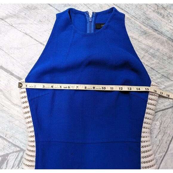 Carmen Marc Valvo Couture Size 6 Blue Colorblock Bodycon Dress Silk Wool Leather - Picture 4 of 9
